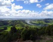 Neuseeland | Nordinsel, Panorama auf den Lake Taupo bei Turangi. Aussicht auf den Fluss, den See und grüne Hügellandschaft bei blauem Himmel und weißen Schäfchenwolken. Highlights und Sehenswürdigkeiten gibt es viele in der Region der Vulkane
