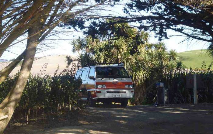 Neuseeland | Südinsel, Camping am Mordaki Beach. Unser Hippie direkt am Strand umgeben von Palmen an einem unserer Tipps der Top kostenlosen Campingplätze