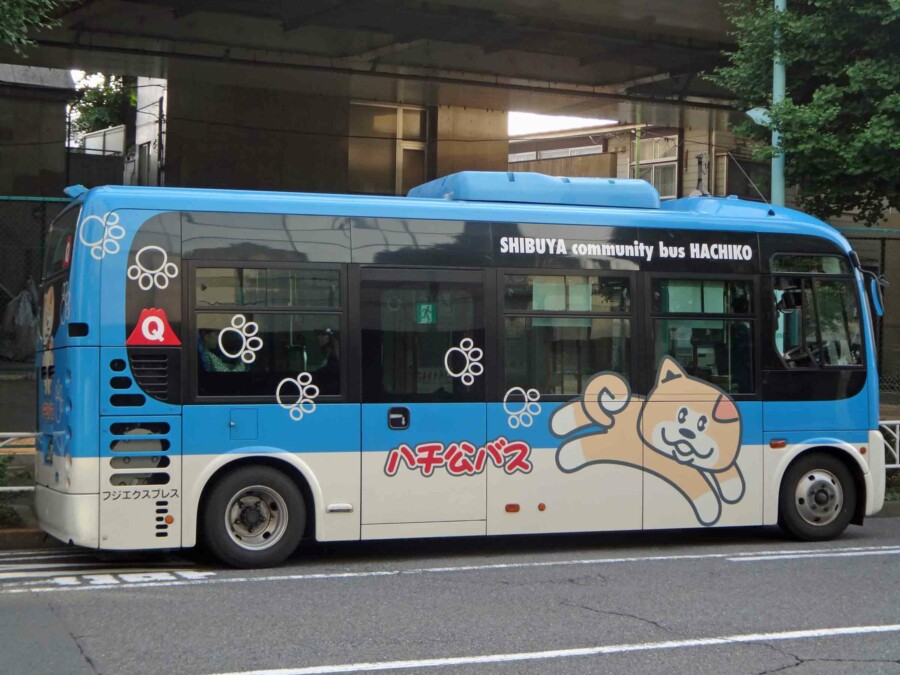 Busse sind ein beliebt zur Fortbewegung auf kürzeren Distanzen. Hier zum Beispiel der Shibuya Hachiko Bus, mit dem Du den gleichnamigen Stadtteil erkunden kannst